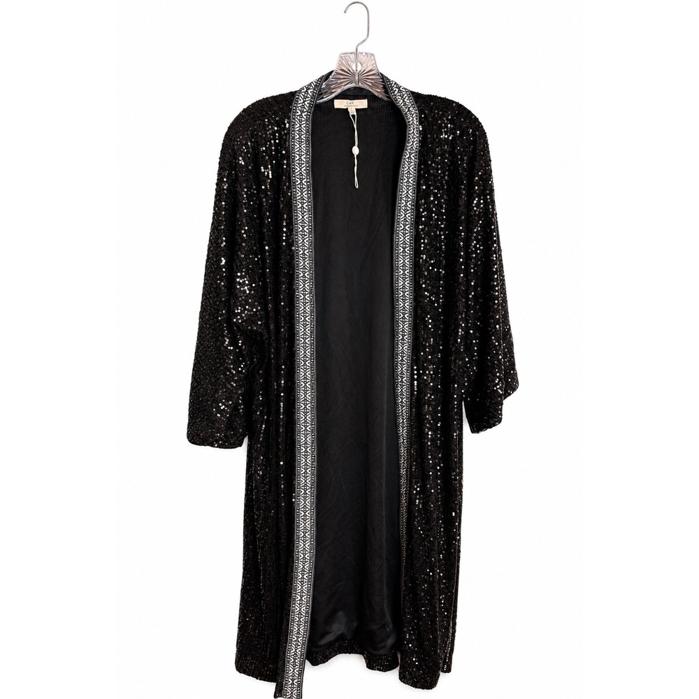Chelsea & Violet Sequin Duster Women Large Black Polyester Glam Cardigan